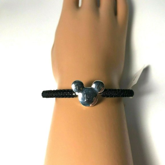 Disney Parks Mickey Mouse Icon Bracelet Rope Cuff Bangle Silver Black Disneyana - Picture 12 of 12